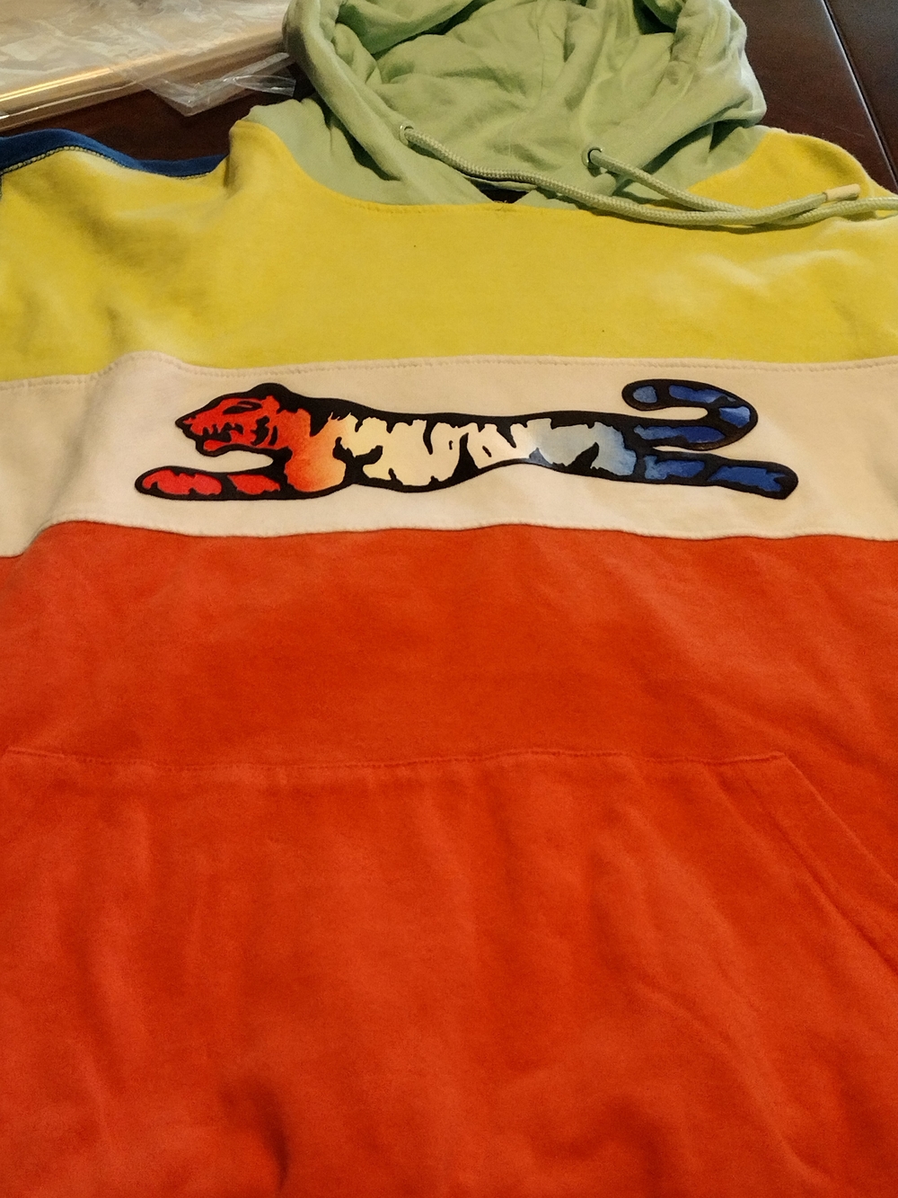 Le Tigre Colorblock Pullover Hoodie in Yellow, Orange & Mint Size XL